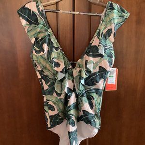 NWT Gianni Bini Fan Fav Beverly Palm Ruffle Plunge Swimsuit Size L